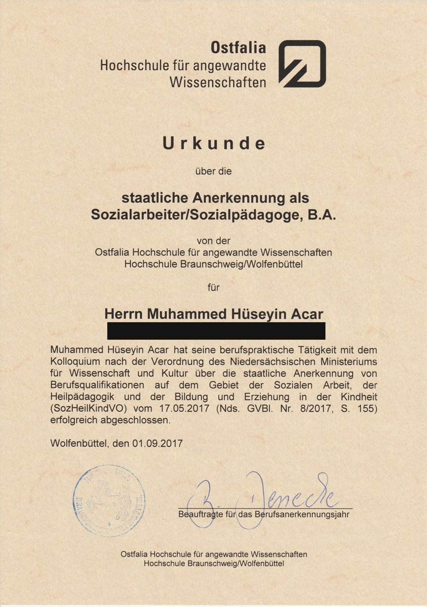 Urkunde staatliche Anerkennung als Sozialarbeiter/Sozialpädagoge