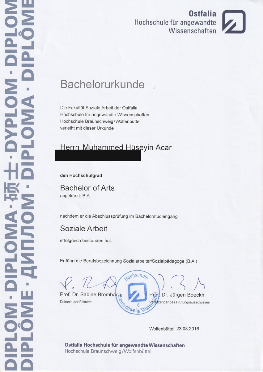 Bachelorurkunde Soziale Arbeit, Ostfalia Hochschule